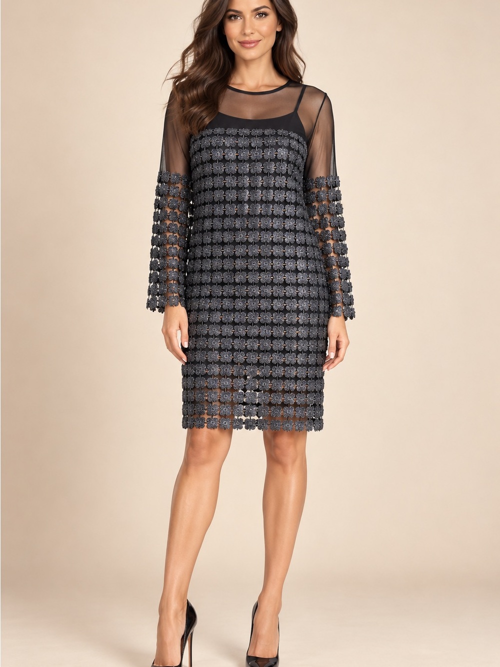 Zara Charcoal Gray Floral Grid Midi Dress with Sheer Sleeves